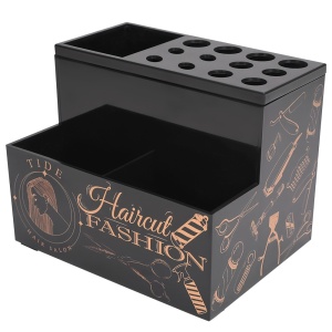 Organizator frizerie pentru ustensile – suport foarfece și perii, plastic dur, compartimentat, negru, 13.5×10.3×10.7 cm