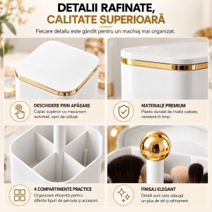 Organizator pensule machiaj, Alb cu auriu Gold, Automat, 4 compartimente pentru cosmetice - Img 7