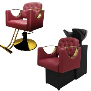 Pachet Mobilier Coafor Roșu Grena & Auriu – Scafă Profesională + Scaun Coafor Bordo de Lux