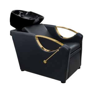 Scafa frizerie coafor, cu bazin din ceramica, Neagra cu auriu, Cu Suport pentru picioare client rabatabil