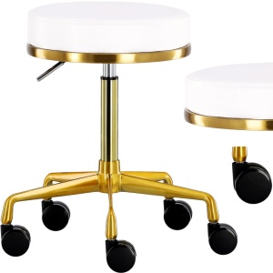 Scaun cosmetician alb cu auriu– taburet rotund hidraulic, pentru salon