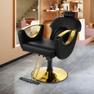 Scaun frizerie barber profesional, reglabil, cu tetiera, rabatabil pe spate, negru cu auriu - Img 2
