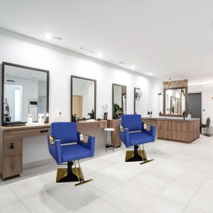 Scaun frizerie și coafor hidraulic Albastru cu finisaje Auriu Gold – Profesional, Reglabil - Img 8