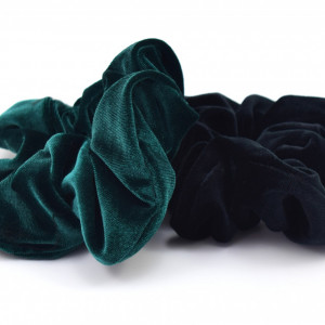 Set 2 elastice mari scrunchies pentru par din catifea verde smarald si negru ES3