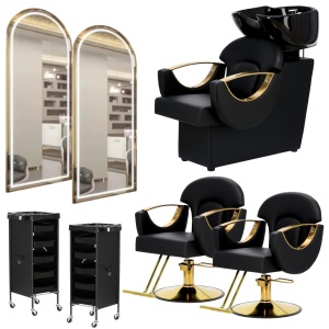 Set complet mobilier coafor cu 2 posturi de lucru – negru cu auriu, cu scafa frizerie, scaune coafor si oglinzi