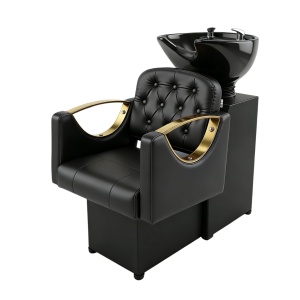 Set complet mobilier coafor cu 2 posturi de lucru – negru cu gold, cu scafa frizerie, scaune coafor si oglinzi - Img 3