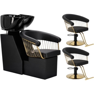 Set complet Mobilier coafura cu 2 scaune coafor, scafa frizerie, neagra cu auriu, oglinzi si canapea - Img 2