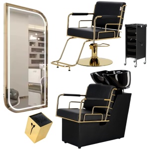 Set complet Mobilier frizerie cu scaun coafor, scafa, oglinda Led