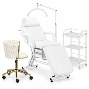 Set complet Mobilier Salon Cosmetică 4 Piese Alb | Pat cosmetica, Ucenic, Lampă LED, Scaun