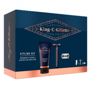 Set ingrijire barba si mustata pentru barbati King C. Gillette: Aparat de ras cu margine dubla + 5 Lame de rezerva + Gel de ras transparent, 150 ml