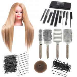 Set manechin coafor Cabelo1 Blond cu 4 perii ceramice si piepteni frizerie coafor - Img 1
