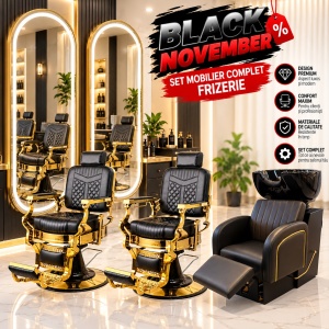 Set mobila Frizerie Negru cu Auriu cu 2 posturi de lucru si 2 scaune frizerie