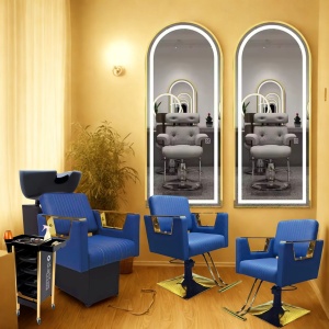 Set Mobila Salon Albastru cu Auriu – Scafă frizerie, 2 Scaune coafor albastre, 2 Oglinzi LED Gold - Img 2
