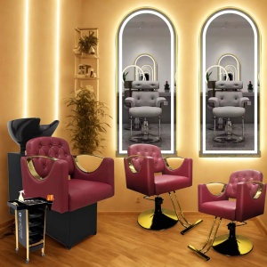 Set Mobilier Coafor – Scafa frizerie, 3 Scaune coafor visinii, 3 Oglinzi Led, Bordo cu Auriu - Img 11
