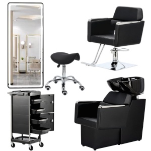 Set Mobilier coafor cu scaun frizerie negru cu argintiu si scafa coafor profesionala - Img 1
