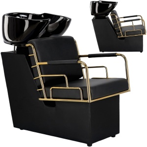 Set Mobilier frizerie cu 1 post de lucru coafor, scaun frizerie profesional, scafa, Negru cu Gold - Img 2