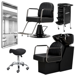 Set mobilier salon coafor cu 1 post de lucru frizerie, scaun coafor, scafa, Negru cu Argintiu - Img 1