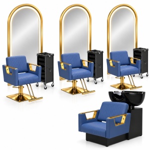 Set Mobilier Salon cu 3 posturi coafor, 3 scaune frizerie, 3 oglinzi led, scafa, Albastru cu Auriu