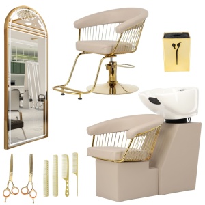 Set Mobilier salon înfrumusețare premium crem– scaun coafor bej, scafă profesională, oglinda Led 170x70cm