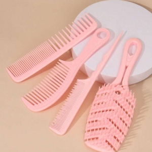 Set perie coafor curbata cu 3 piepteni frizerie, roz - Img 1