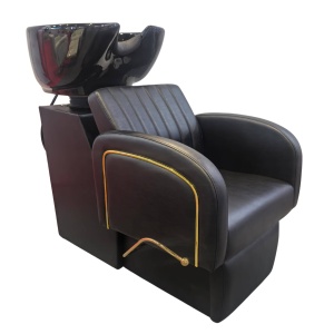 Set Scafa frizerie cu 2 scaune frizerie, rabatabile cu tetiera, negru cu auriu - Img 3
