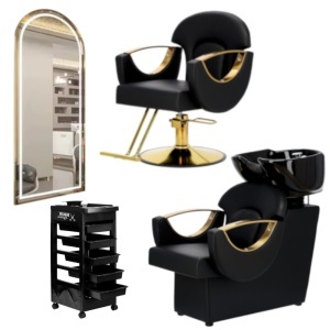 Set scaun coafor, scafa frizerie profesionala, post de lucru si ucenic cosmetic, Negru cu auriu - Img 1
