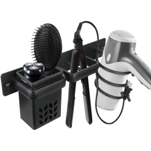 Suport de perete pentru uscator, placa de par, organizator frizerie, negru, 29x7x12cm