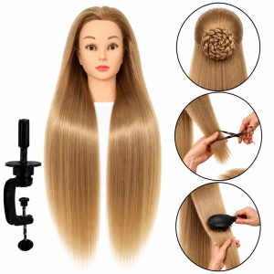 Cap de practică manechin cu păr sintetic 60 cm blond – pentru tuns, coafat, împletituri, accesorii incluse + suport de masă - Img 4