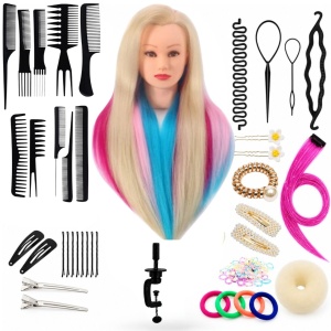 Cap de practică manechin cu păr sintetic 60 cm blond cu suvite albastre si fuxi– pentru tuns, coafat, împletituri, accesorii incluse
