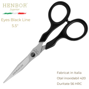 Foarfecă de Tuns Profesională Henbor Eyes Black Line Academy 5.5" – Oțel Inoxidabil 420, 56 HRC, Fabricată în Italia