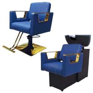 Mobilier frizerie lux cu scafă și scaun coafor profesional, Bleu cu Gold