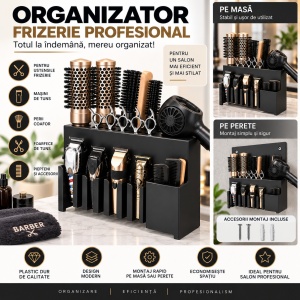 Organizator frizerie profesional Negru, pentru perii coafor, masini de tuns, fixare pe masa sau de perete
