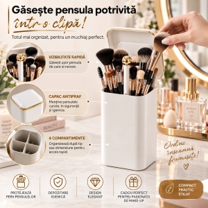 Organizator pensule machiaj, Alb cu auriu Gold, Automat, 4 compartimente pentru cosmetice - Img 4
