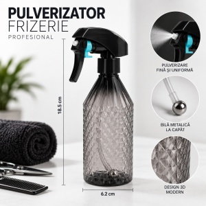 Pulverizator frizerie cu design 3D, profesional, cu bila metalica la capat, plastic rezistent dur