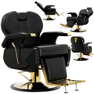 Scaun frizerie barber profesional, cu tetiera, rabatabil pe spate, negru cu auriu