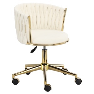 Scaun manichiuriste, Spa, Catifea Luxoasa, pentru salon infrumusetare, alb cu auriu, impletit - Img 3