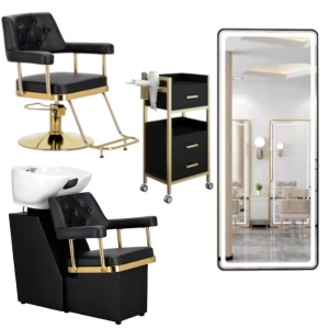 Set Complet Mobila Coafor Chesterfield - scaun frizerie negru auriu, scafa, oglinda LED - Img 1