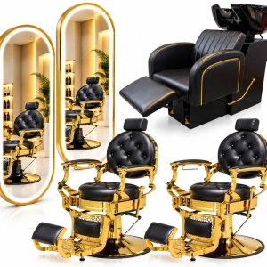 Set complet Mobilier Barber Negru cu Auriu cu 2 posturi de lucru si 2 scaune frizerie
