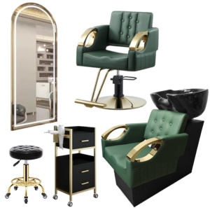 Set complet mobilier coafor cu scaun verde cu auriu și scafă profesională - Img 1