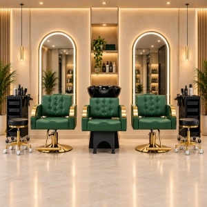 Set complet mobilier coafor Felicia, 9 piese – 2 scaune, 2 oglinzi, scafă, ucenici și taburete - Img 2