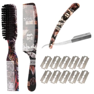 Set ingrijire barba cu brici ras 10 lame, perie fade si piepten frizerie, imprimeu Barber Vintage