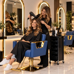 Set Mobila Salon Albastru cu Auriu – Scafă frizerie, 2 Scaune coafor albastre, 2 Oglinzi LED Gold - Img 2