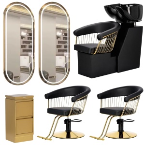 Set Mobilier Coafor Profesional Negru cu Auriu – Luxos cu scaun scafa oglinda LED