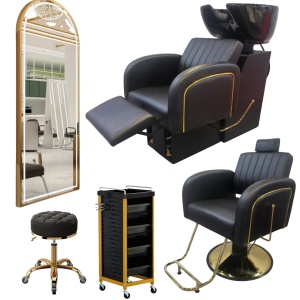 Set mobilier frizerie barber shop cu scafa, scaun, Oglinda LED, Negru Gold