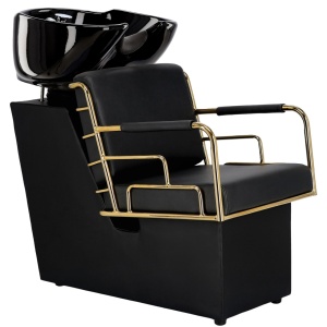 Set Mobilier frizerie cu 1 post de lucru coafor, scaun frizerie profesional, scafa, Negru cu Gold - Img 3