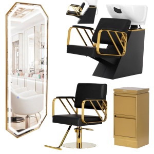 Set Mobilier frizerie cu 1 post de lucru, scafa cu scaun coafor, oglinda Led, Negru Auriu