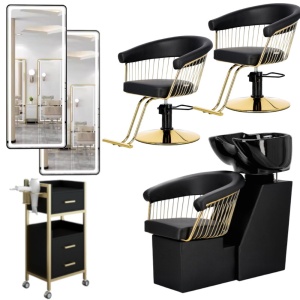 Set mobilier pentru frizerie cu 2 scaune coafor si scafa frizerie cu oglinzi LED, Negru cu Gold - Img 1