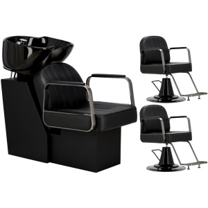 Set mobilier salon coafor cu scafa profesionala, 2 scaune frizerie si Oglinzi LED, Negru cu Argintiu - Img 7