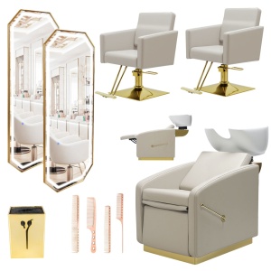 Amenajare salon coafor de Lux cu 2 scaune coafor si scafa frizerie profesionala, bej cu auriu, oglinzi Led