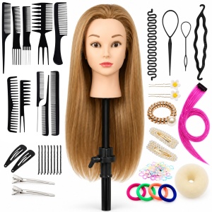 Cap de practică manechin cu păr sintetic 60 cm blond – pentru tuns, coafat, împletituri, accesorii incluse + suport de masă